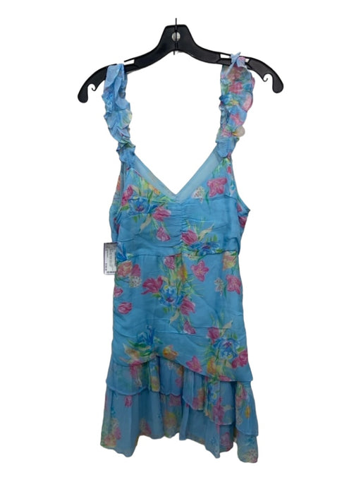 Loveshackfancy Size 8 Blue & Multi Viscose Floral V Neck Ruffle Straps Dress Blue & Multi / 8