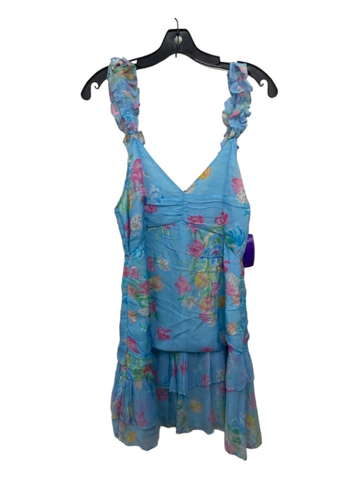 Loveshackfancy Size 8 Blue & Multi Viscose Floral V Neck Ruffle Straps Dress Blue & Multi / 8