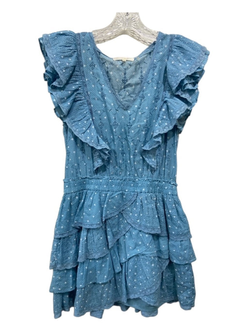 Love Shack Fancy Size M Blue & White Cotton Lace Trim Polka Dot Tiered Dress Blue & White / M
