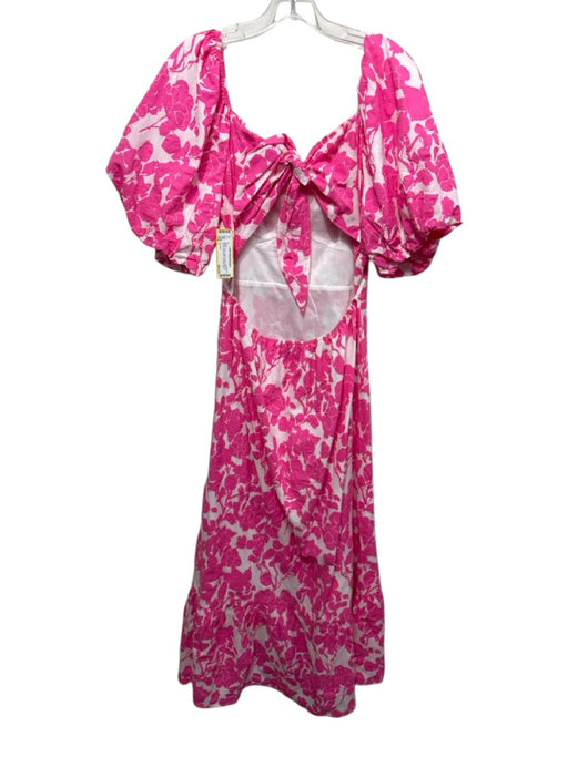 Luminary Size L White & Pink Cotton Floral Short Puff Sleeve Open Back Dress White & Pink / L