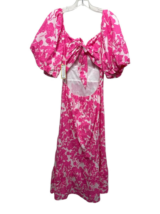 Luminary Size L White & Pink Cotton Floral Short Puff Sleeve Open Back Dress White & Pink / L