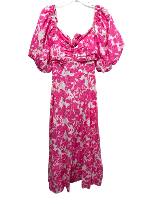 Luminary Size L White & Pink Cotton Floral Short Puff Sleeve Open Back Dress White & Pink / L