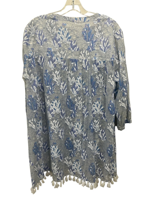 Roller Rabbit Size L White, Blue & Gray Cotton Botanical 3/4 Sleeve Dress White, Blue & Gray / L