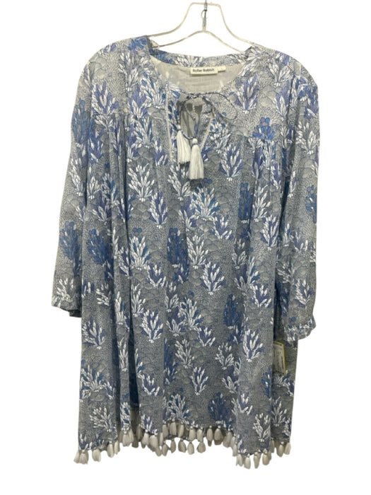 Roller Rabbit Size L White, Blue & Gray Cotton Botanical 3/4 Sleeve Dress White, Blue & Gray / L