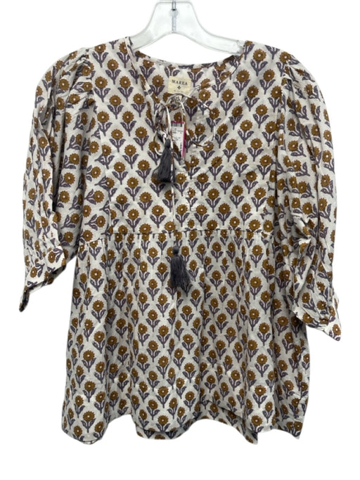 Marea Size S White, Blue, Olive Green Cotton Floral V Neck 3/4 Sleeve Top White, Blue, Olive Green / S