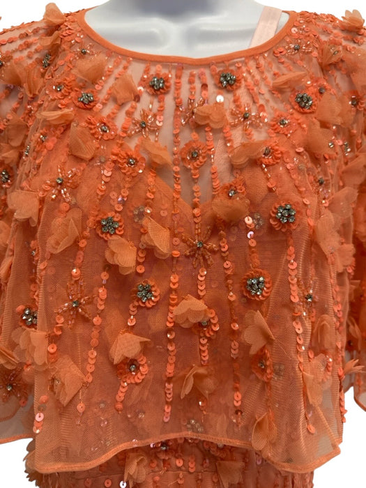 Mac Duggal Size 10 Coral Orange Polyester Floral Applique Capelet Neckline Gown Coral Orange / 10