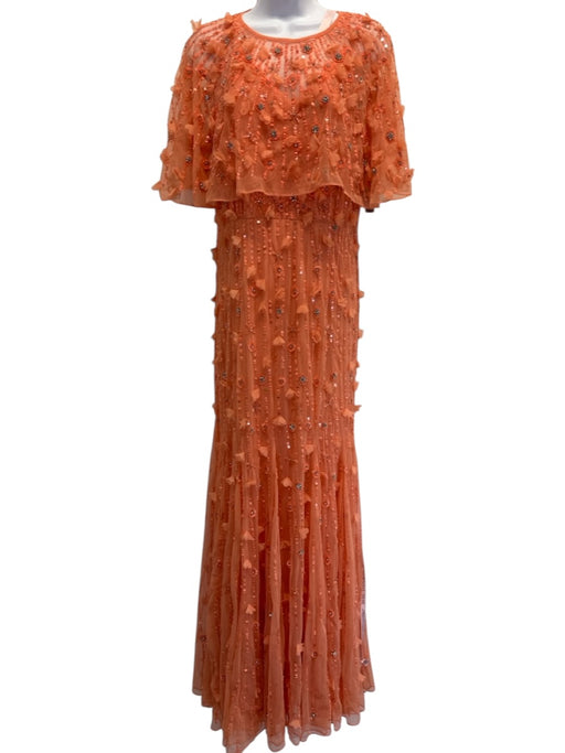 Mac Duggal Size 10 Coral Orange Polyester Floral Applique Capelet Neckline Gown Coral Orange / 10