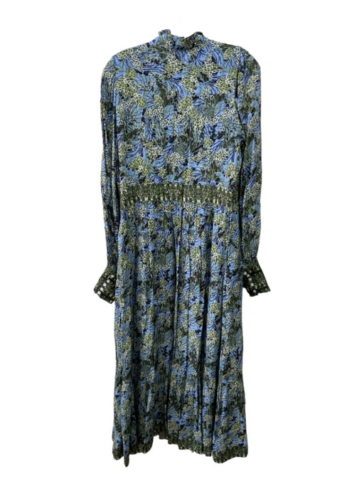 Oliphant Size S Blue Green White Cotton Abstract Floral 1/2 Button Maxi Dress Blue Green White / S