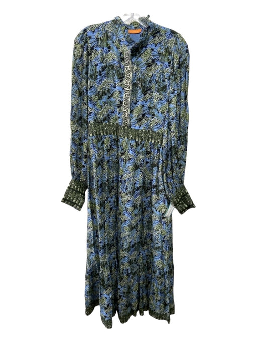 Oliphant Size S Blue Green White Cotton Abstract Floral 1/2 Button Maxi Dress Blue Green White / S