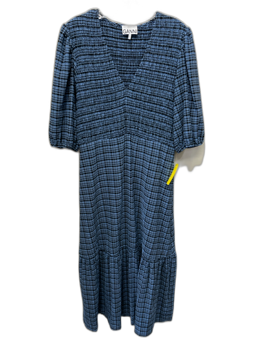 Ganni Size 40 Blue & Black Polyester Blend Half Sleeve Plaid V Neck Dress Blue & Black / 40