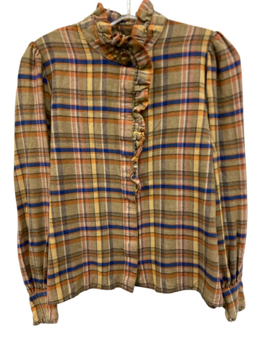 Sezane Size 38 brown, blue, orange Cotton Blend Long Sleeve Plaid Ruffle Top brown, blue, orange / 38