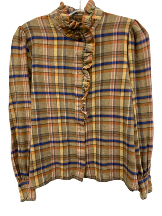 Sezane Size 38 brown, blue, orange Cotton Blend Long Sleeve Plaid Ruffle Top brown, blue, orange / 38