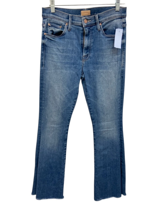 Mother Size 28 Medium Wash Cotton Denim High Rise Whiskering Raw Hem Flare Jeans Medium Wash / 28