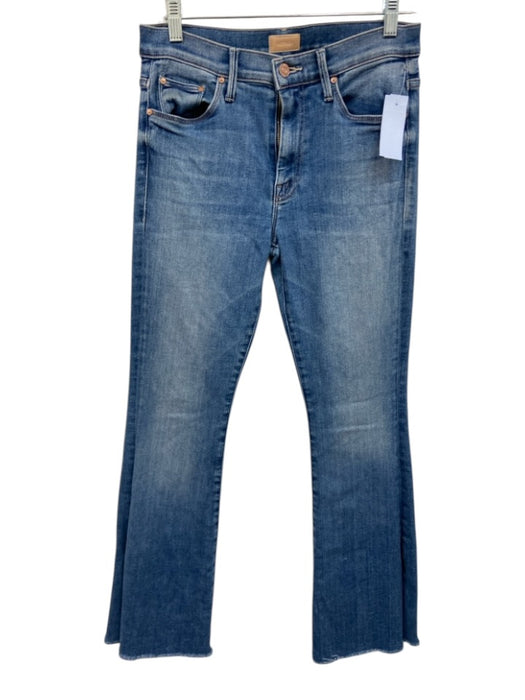 Mother Size 28 Medium Wash Cotton Denim High Rise Whiskering Raw Hem Flare Jeans Medium Wash / 28