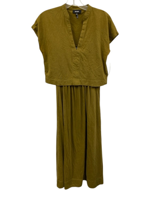 ME+EM Size 4 Olive Green Cotton Short Sleeve Gathered V Neck Midi Dress Olive Green / 4