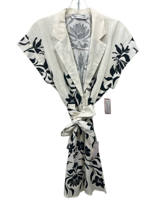 Zara Size S White & Black Linen Blend Abstract Floral Short Sleeve Dress White & Black / S