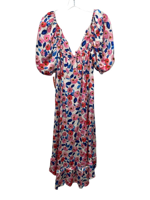 For Love & Lemons Size S Cream, Pink & Blue Ecovero Blend Abstract Floral Dress Cream, Pink & Blue / S