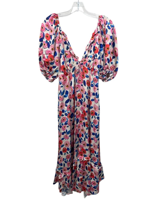 For Love & Lemons Size S Cream, Pink & Blue Ecovero Blend Abstract Floral Dress Cream, Pink & Blue / S