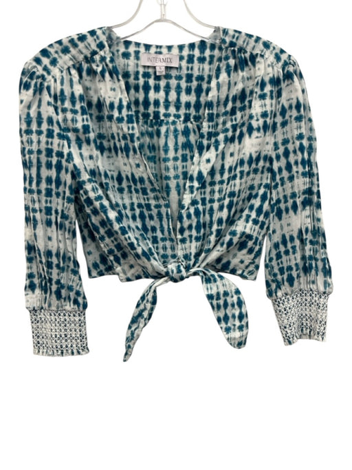 Intermix Size S White & Blue Cotton Long Sleeve All Over Print Hook & Eye Top S