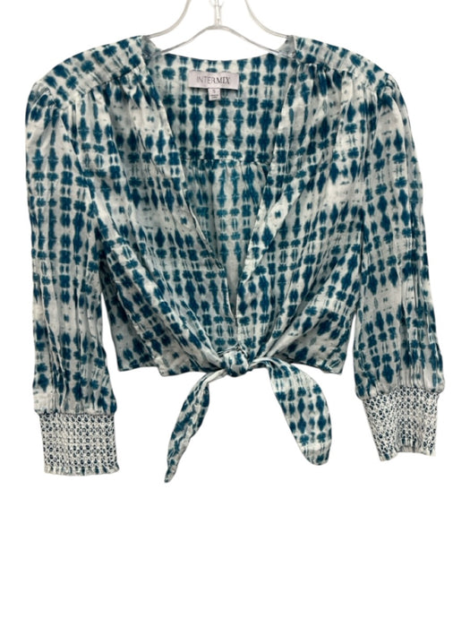 Intermix Size S White & Blue Cotton Long Sleeve All Over Print Hook & Eye Top S