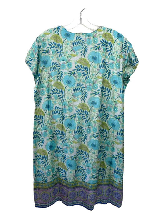 Bella Tu Size XL Green & Blue Print Cotton Floral V Neck Beaded Dress Green & Blue Print / XL