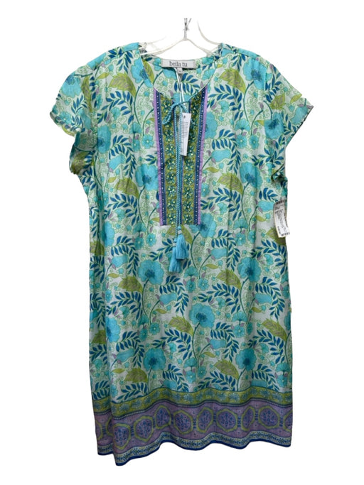 Bella Tu Size XL Green & Blue Print Cotton Floral V Neck Beaded Dress Green & Blue Print / XL