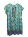 Bella Tu Size XL Green & Blue Print Cotton Floral V Neck Beaded Dress Green & Blue Print / XL