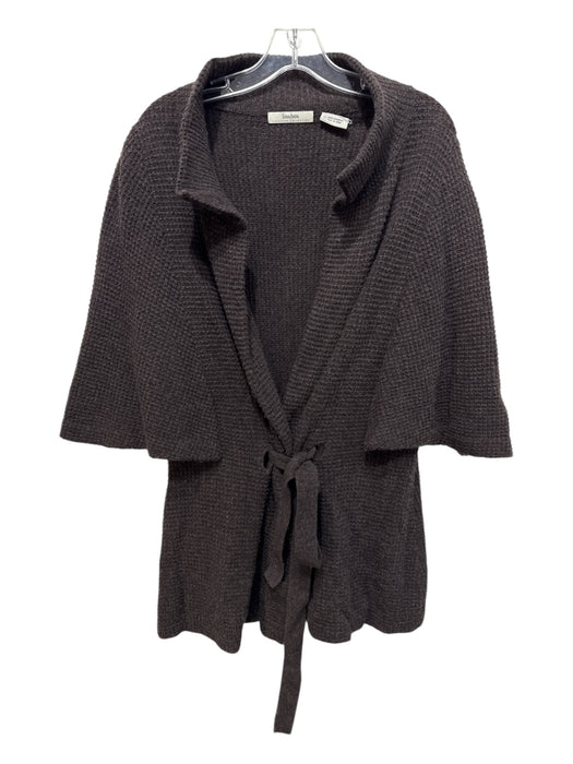 Neiman Marcus Size L Brown Cashmere Waffle Knit Short Sleeve Tie Front Cardigan Brown / L