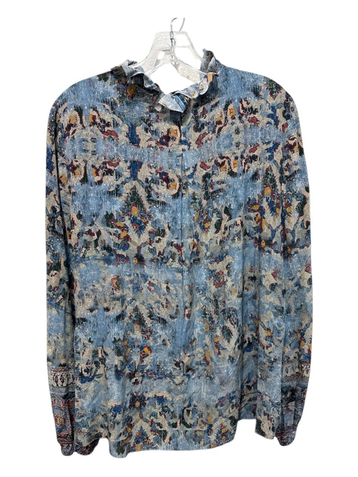 Kobi Halperin Size L Blue Print Silk Abstract Ruffle Detail Long Sleeve Top Blue Print / L