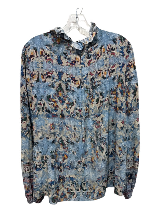 Kobi Halperin Size L Blue Print Silk Abstract Ruffle Detail Long Sleeve Top Blue Print / L