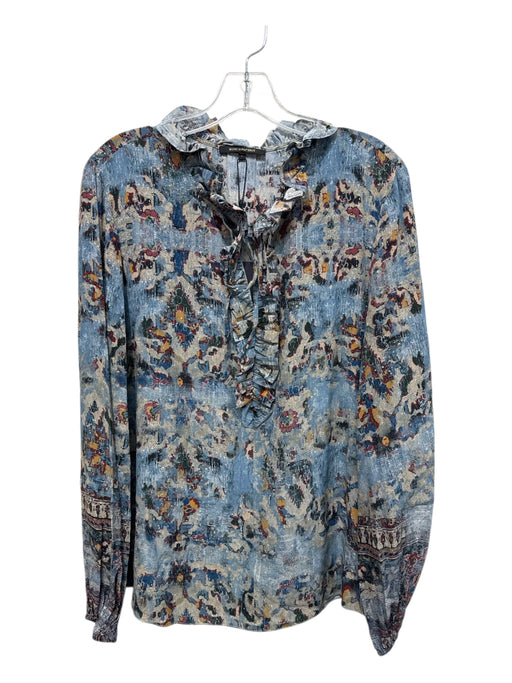 Kobi Halperin Size L Blue Print Silk Abstract Ruffle Detail Long Sleeve Top Blue Print / L
