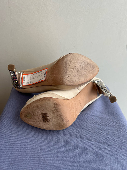 Miu Miu Shoe Size 37.5 Champagne Satin Peep Toe Rhinestone Stiletto Shoes