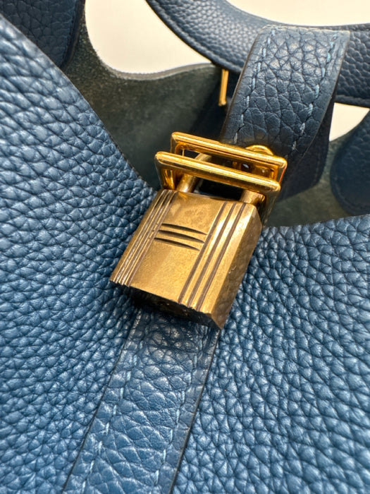 Hermes Cobalt Blue Pebble Leather Gold hardware Top Handle Tote Bag