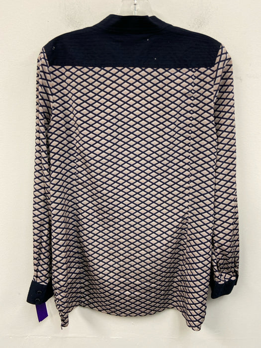 Tory Burch Size 4 Blue & Tan Silk Blend Geo Print V Neck Long Sleeve Top