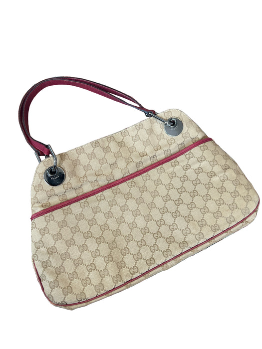 Gucci Purple & Tan Canvas & Leather Top Handles Guccissima Outer Pockets Bag