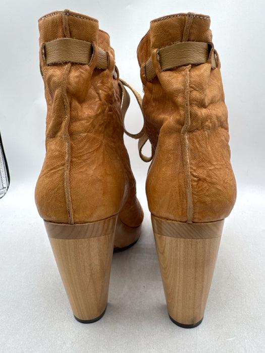 Salpy Shoe Size 7 Tan Brown Leather & Wood open toe Tie Front Ankle Boot Booties