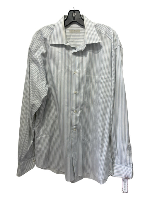 Zegna Size L White & Blue Cotton Striped Front Pocket Men's Long Sleeve Shirt L