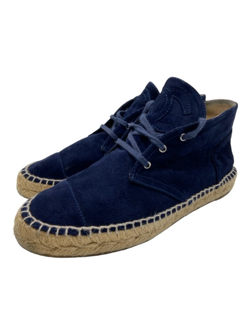 Chanel Shoe Size 38 Navy Blue Suede & Raffia Espadrille Mid Rise Laces Sneakers Navy Blue / 38