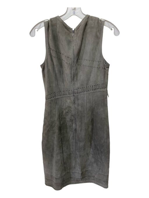 Elie Tahari Size 4 Gray Lamb Suede Tank Whipstitch Fringe V Neck Dress Gray / 4