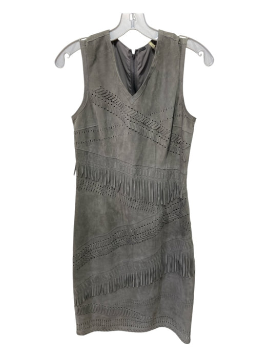 Elie Tahari Size 4 Gray Lamb Suede Tank Whipstitch Fringe V Neck Dress Gray / 4