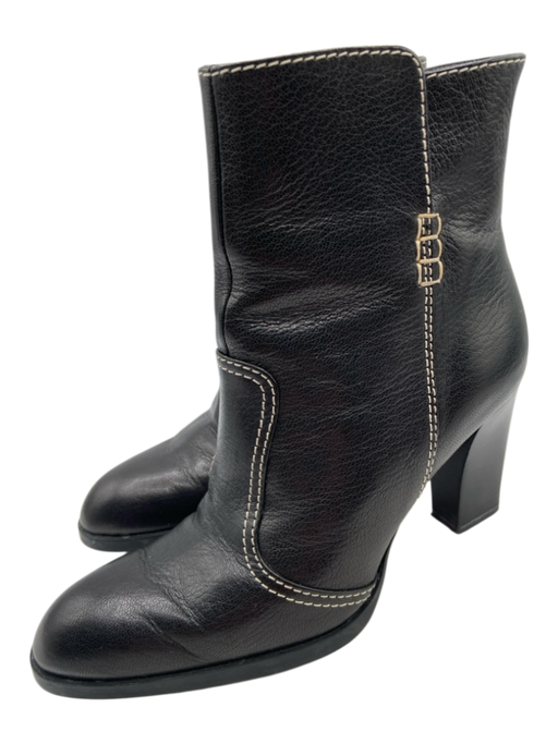 Tod's Shoe Size 6.5 Black Leather Contrast Stitch Ankle Stacked Heel Booties Black / 6.5