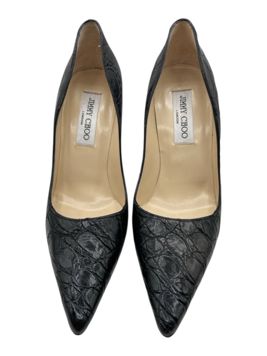 Jimmy Choo Shoe Size 37 Black Leather Pointed Toe Croc Embossed Pumps Black / 37