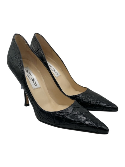 Jimmy Choo Shoe Size 37 Black Leather Pointed Toe Croc Embossed Pumps Black / 37