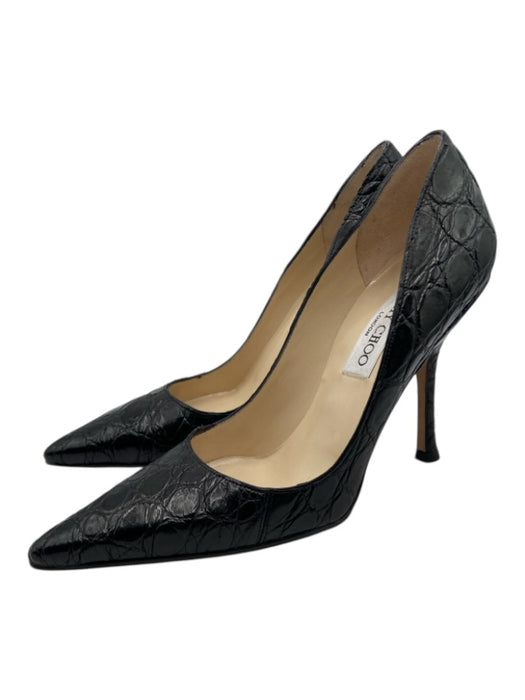 Jimmy Choo Shoe Size 37 Black Leather Pointed Toe Croc Embossed Pumps Black / 37