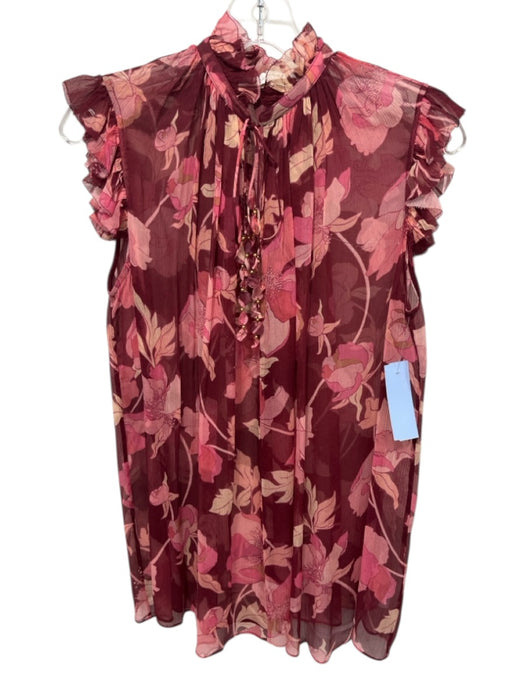 Zimmermann Size 0 Red, Pink, Yellow Silk Ruffle Cap Sleeve Floral Split Neck Top Red, Pink, Yellow / 0