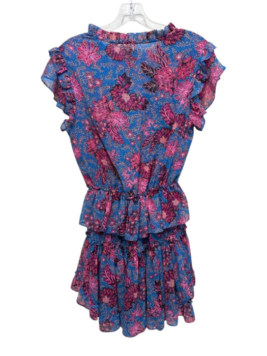 Misa Size XS Blue & Pink Polyester Floral Sleeveless Ruffle V Neck Dress Blue & Pink / XS