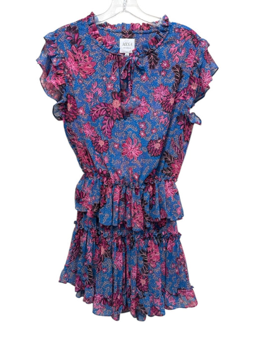 Misa Size XS Blue & Pink Polyester Floral Sleeveless Ruffle V Neck Dress Blue & Pink / XS