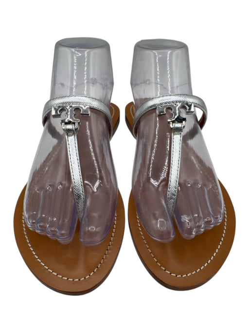 Tory Burch Shoe Size 8 Silver & tan Leather silver tone hardware Logo Sandals Silver & tan / 8