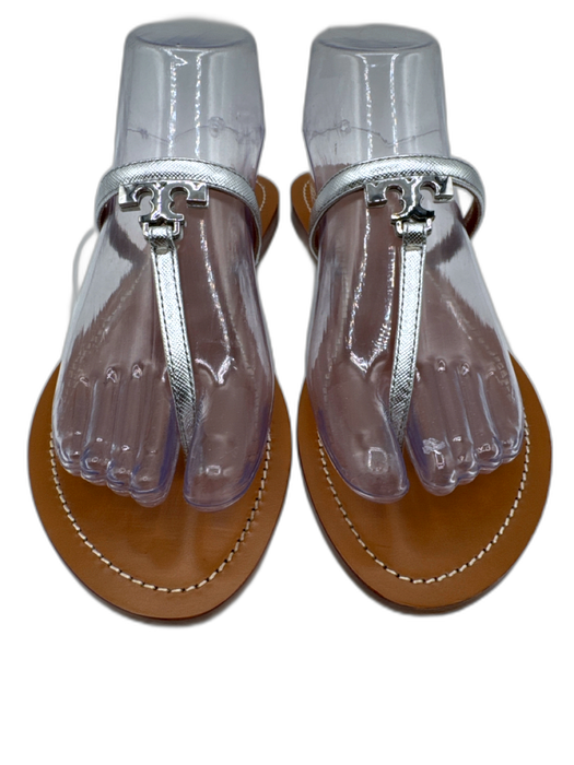 Tory Burch Shoe Size 8 Silver & tan Leather silver tone hardware Logo Sandals Silver & tan / 8