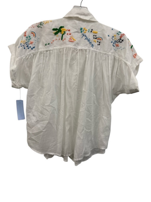 Mother Size XS White Cotton Short Sleeve Embroidered Buttons Collar Top White / XS